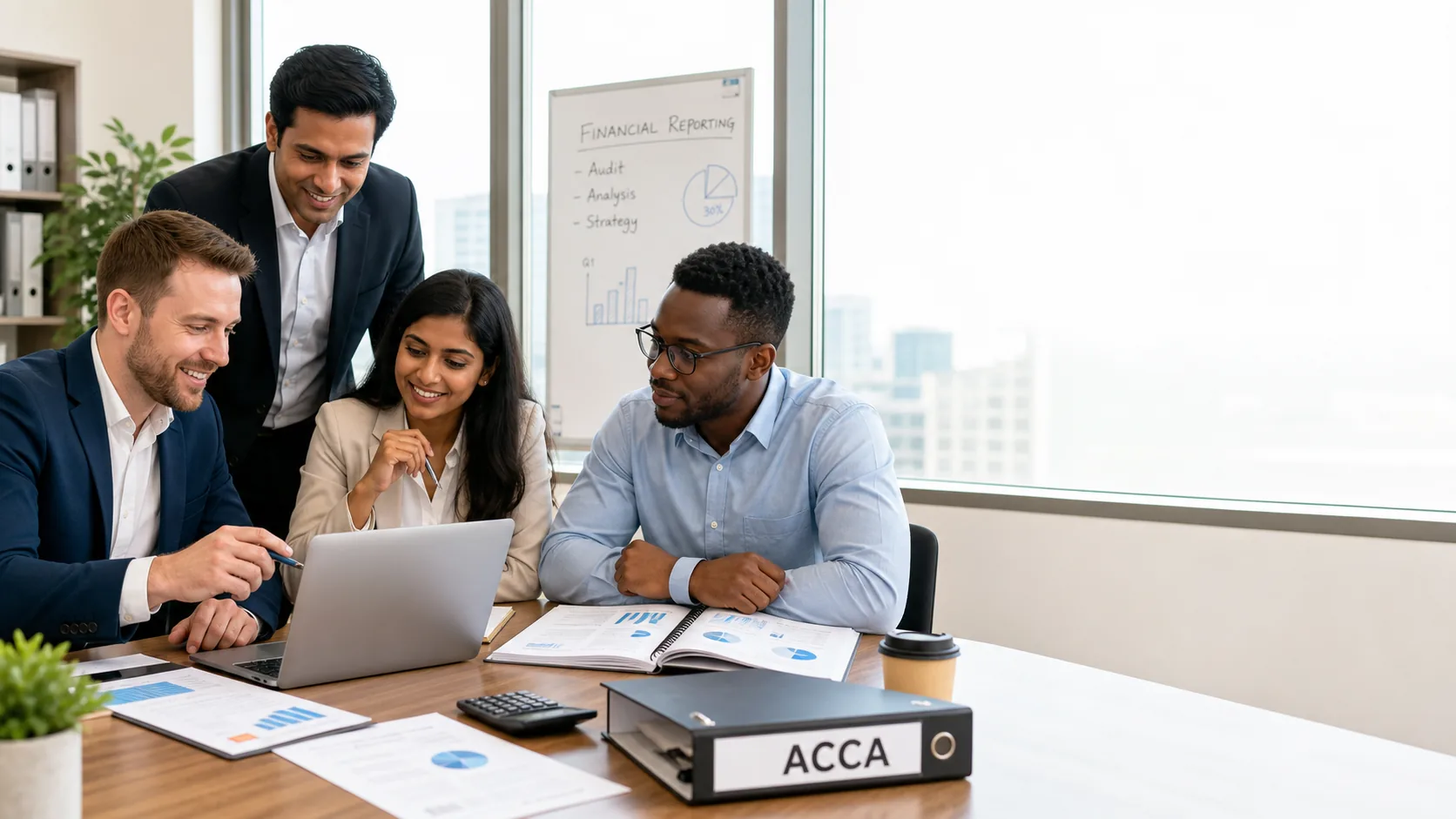 International finance team applying ACCA knowledge in a workplace discussion.