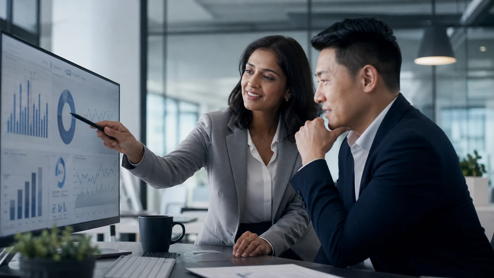 Finance professionals reviewing cloud accounting performance information in a modern international office