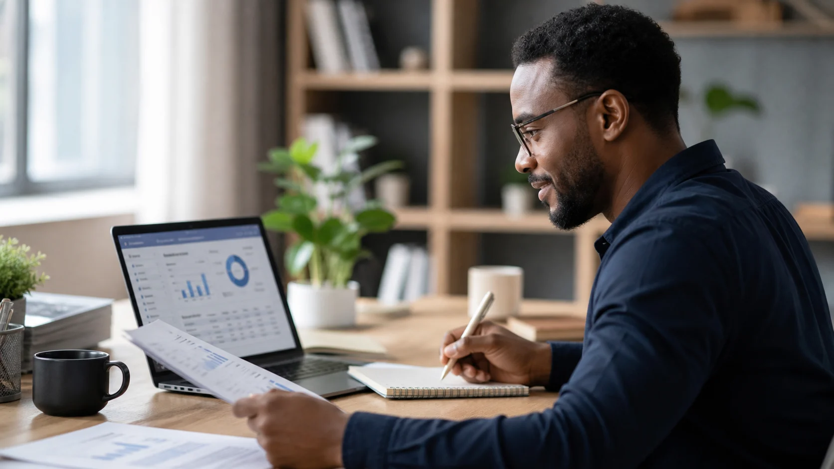 Professional studying a cloud accounting workflow online from a bright home office