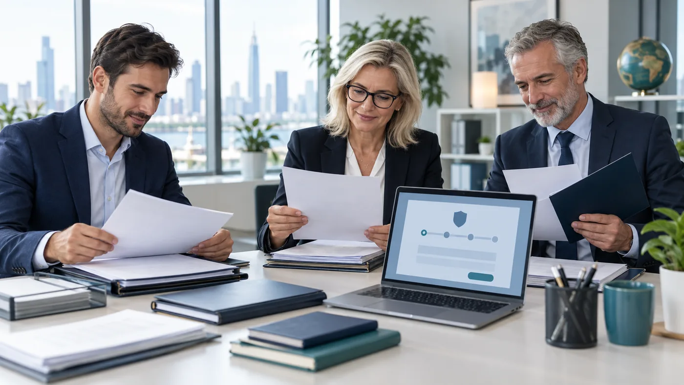 Professionals organizing CIA application documents and experience records