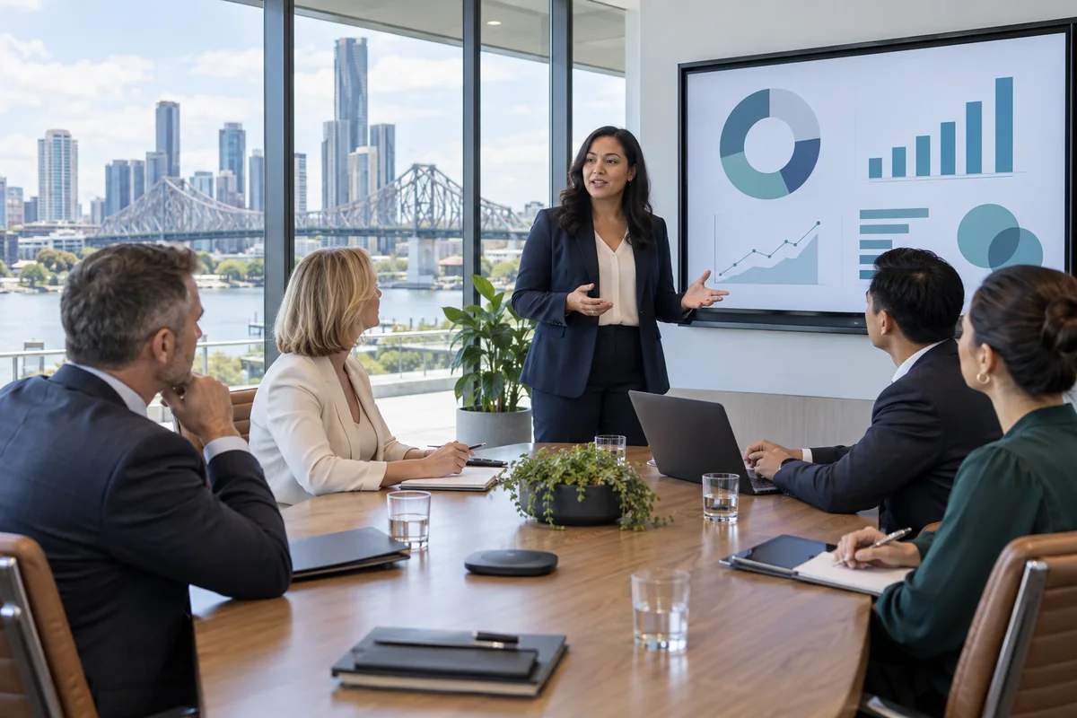 Internal audit leader presenting assurance findings in Brisbane
