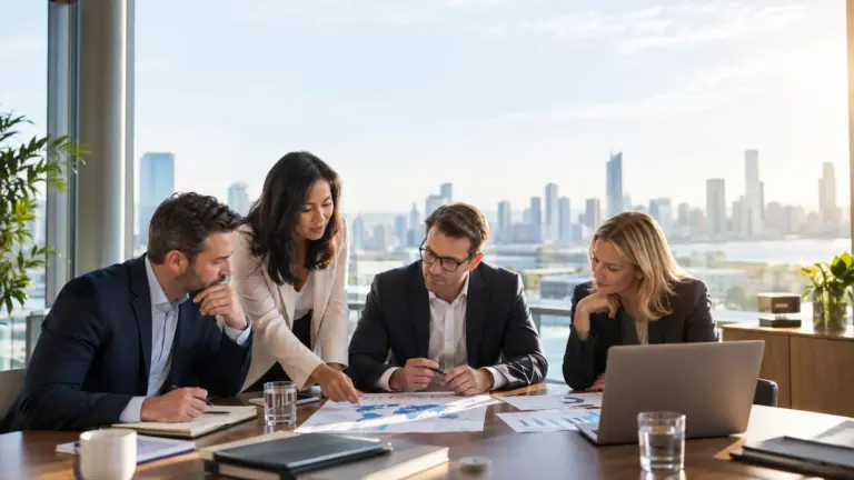 Internal audit professionals reviewing the CIA exam structure and audit evidence in a bright office
