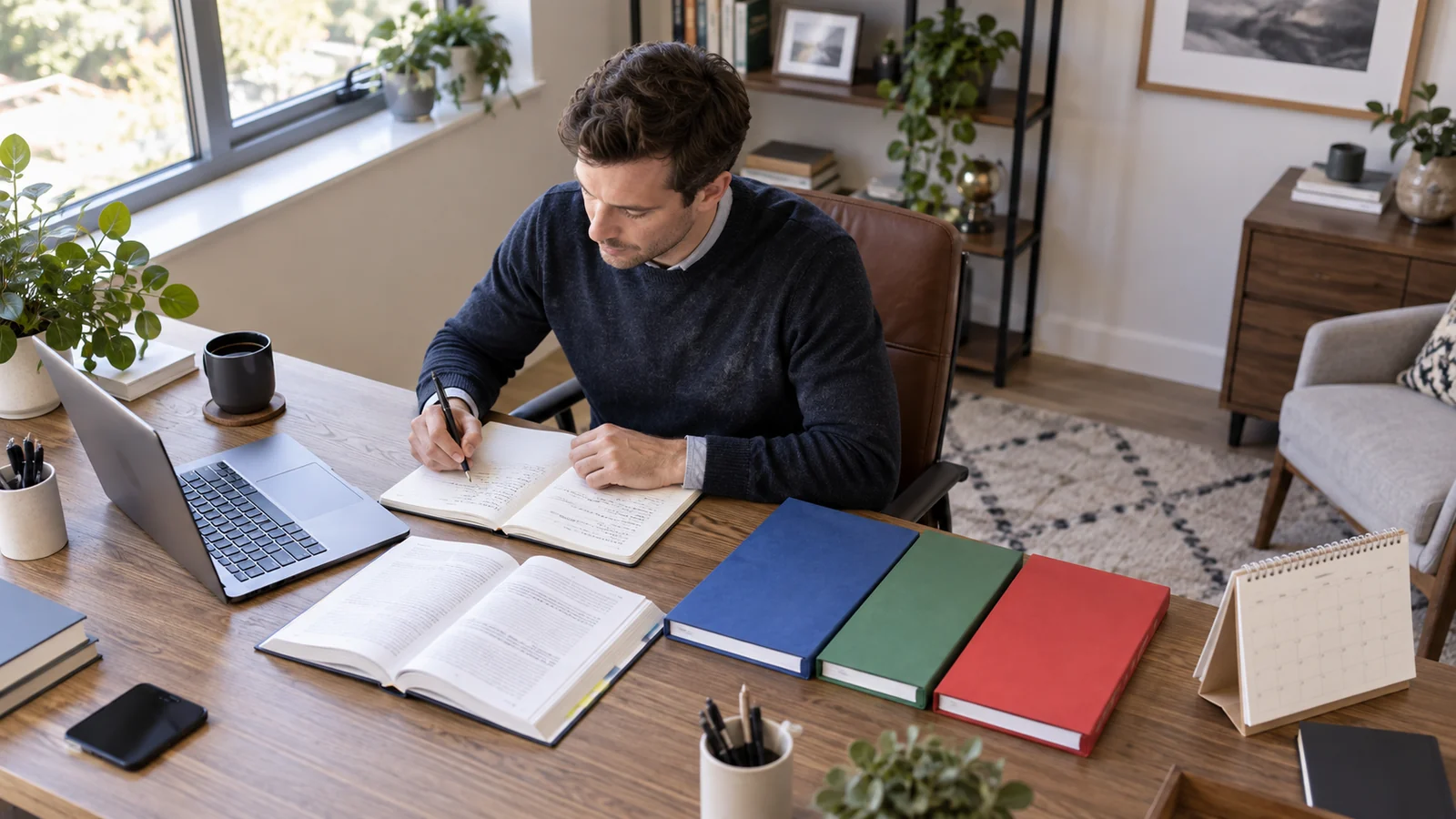 Working professional planning study for all three CIA exam parts in a bright home office