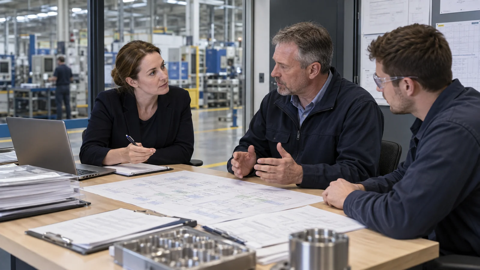 Lead internal auditor reviewing process risks and audit evidence during a manufacturing site interview