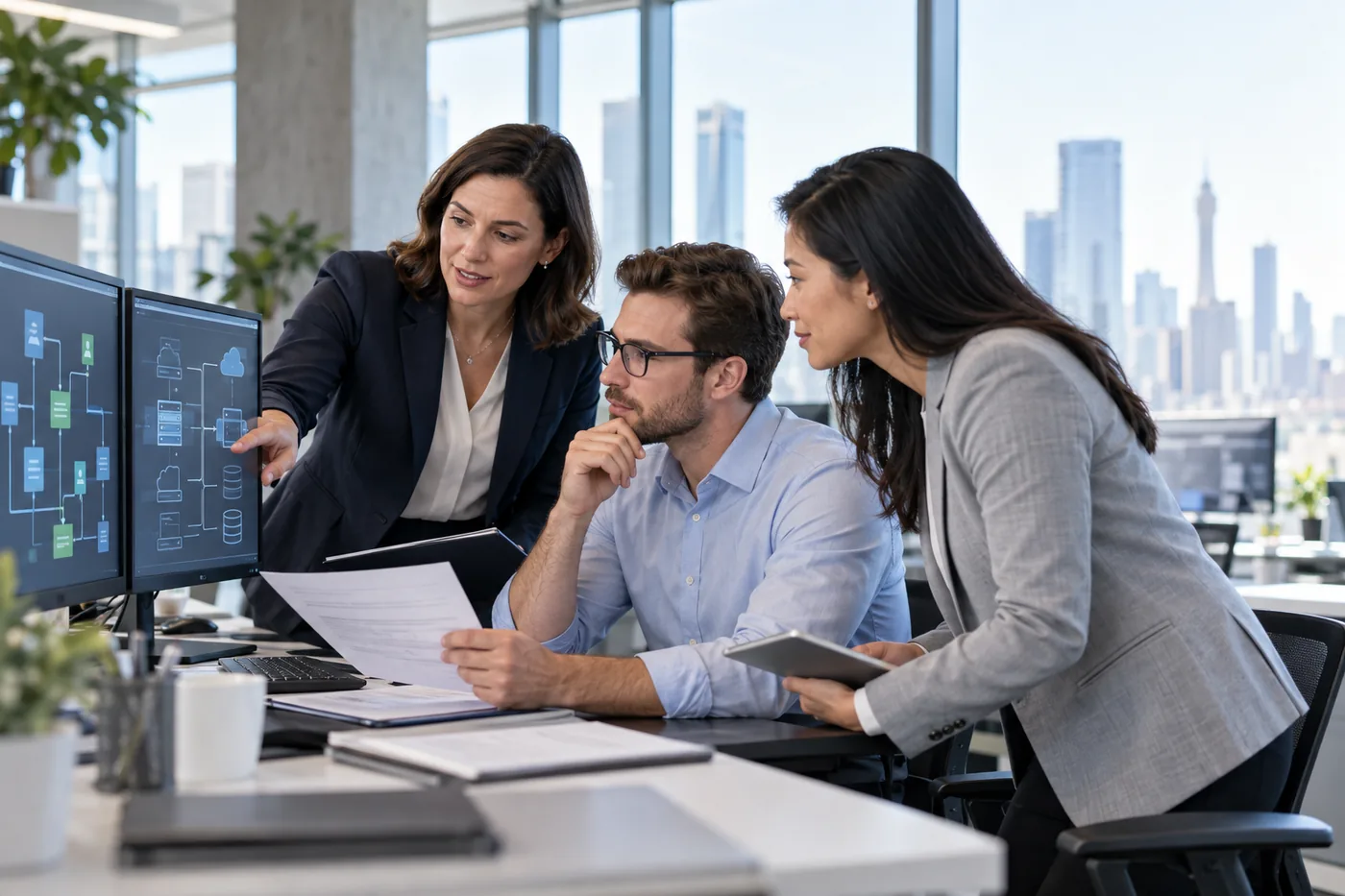 Finance professionals reviewing business performance financial analysis and decision support