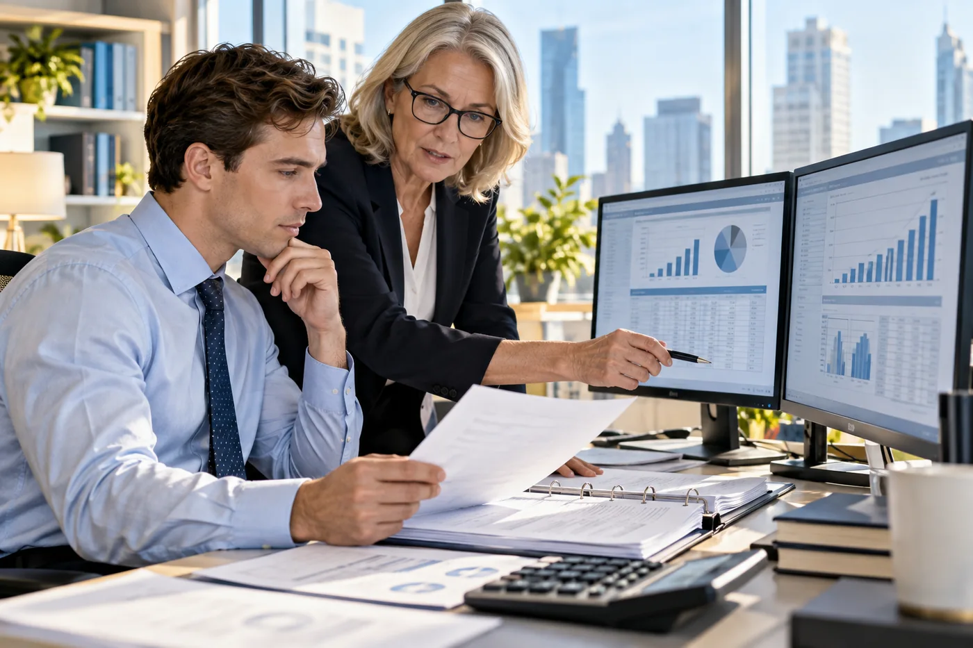 Accounting professionals reviewing financial reports and assurance work