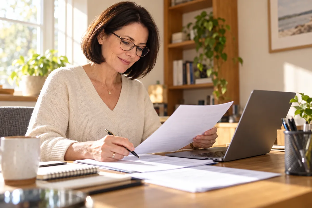 Professional reviewing membership documentation before an exam application