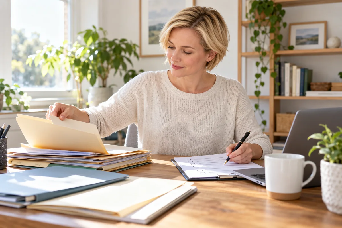 An accounting professional reviewing documents beside a laptop