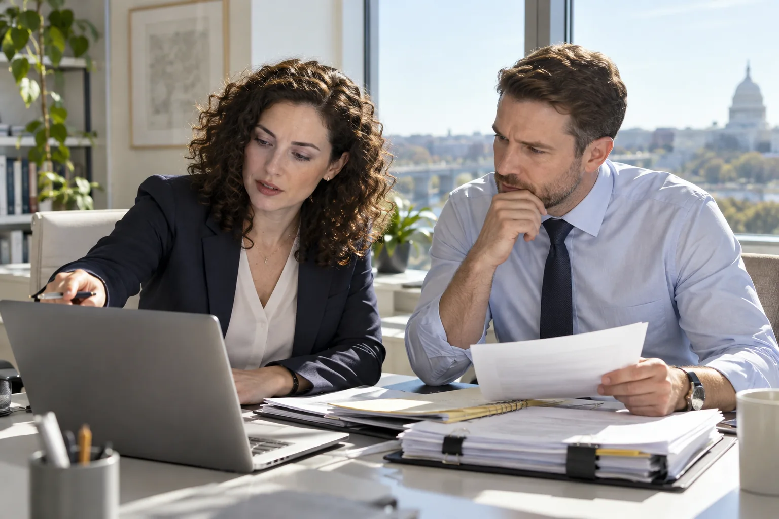 An auditor reviewing transaction evidence with a colleague