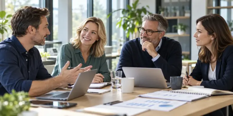 Four professionals discussing audit preparation around a meeting table
