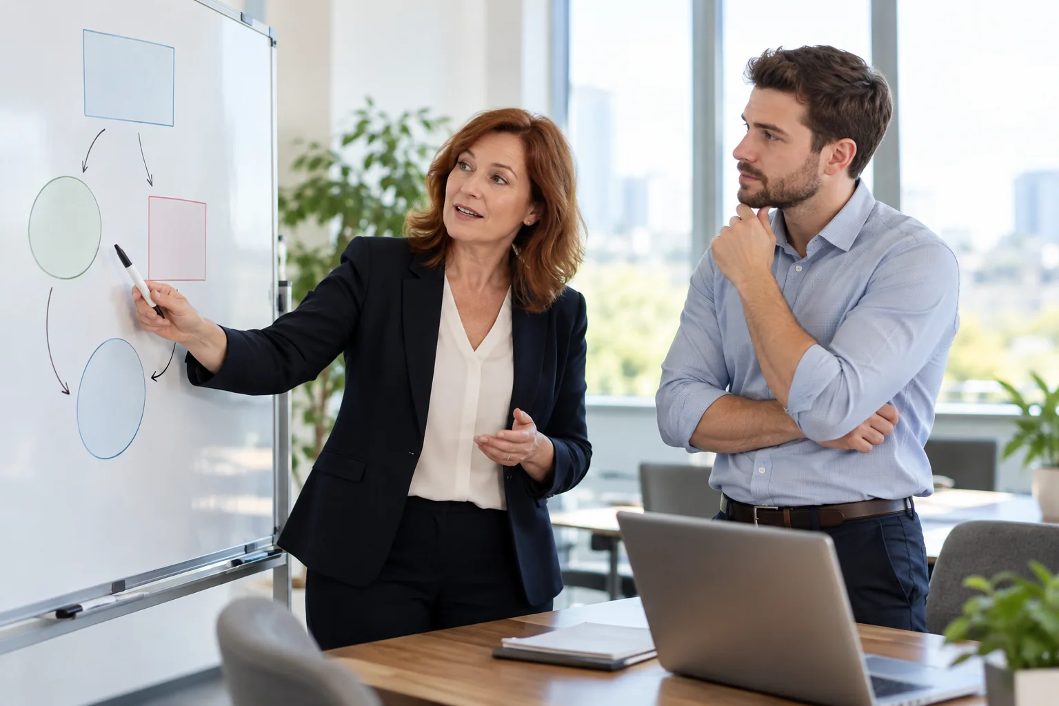 Two audit professionals discussing engagement scope and risk priorities