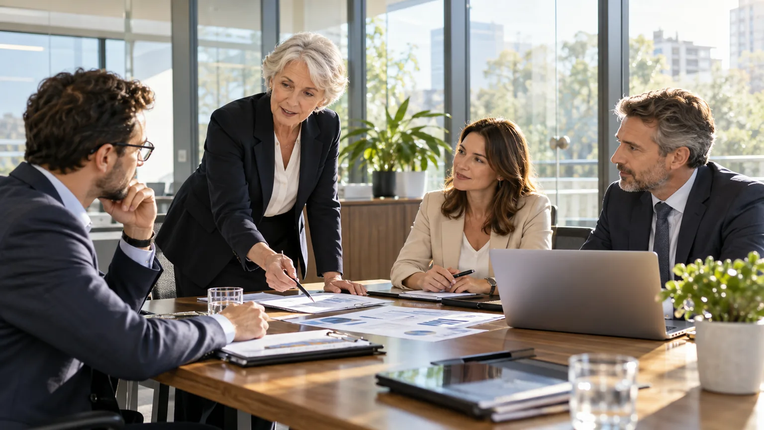 Audit professionals discussing next steps together in a daylight meeting room
