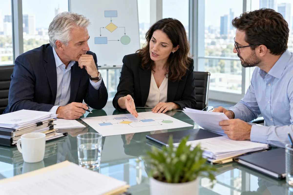 Three professionals discussing a process diagram and documents around a meeting table