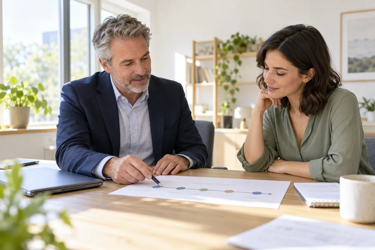 An advisor and a learner discussing a development plan across a meeting table