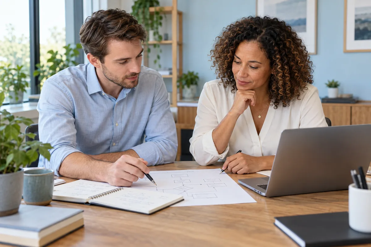 Two professionals reviewing a process diagram and notes while studying internal controls.