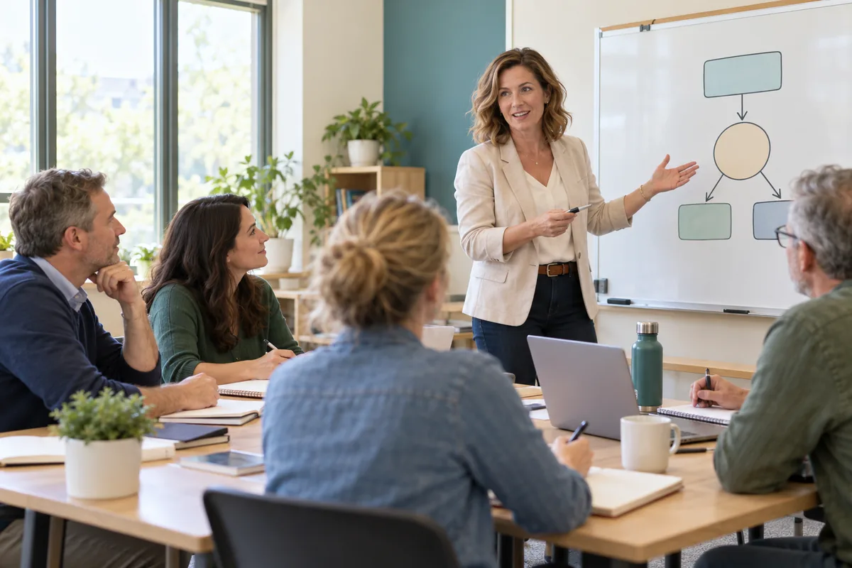 An instructor discussing a process diagram with adult learners in a bright classroom.