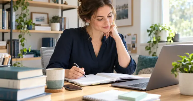An early-career professional reviewing a notebook beside a laptop in a bright workspace
