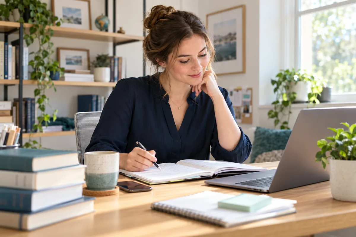 An early-career professional reviewing a notebook beside a laptop in a bright workspace