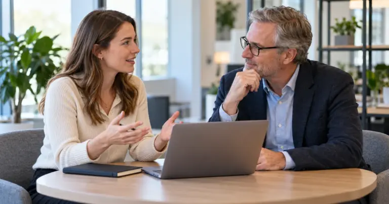 An early-career professional discussing an internal-audit career path with a mentor.